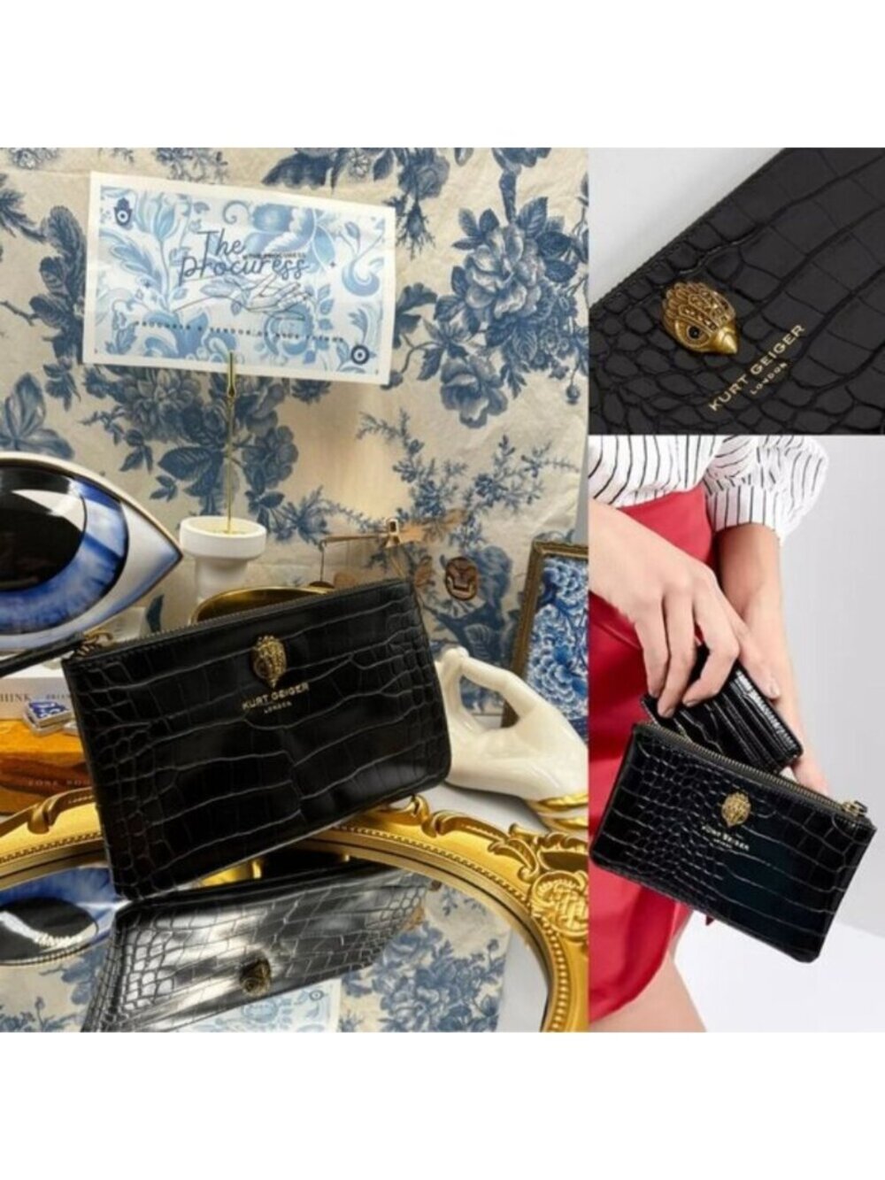 🆕 KURT GEIGER LONDON 🧿 NWOT Black Croc Embossed Pouch